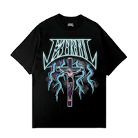a black t - shirt with an image of a cross on it